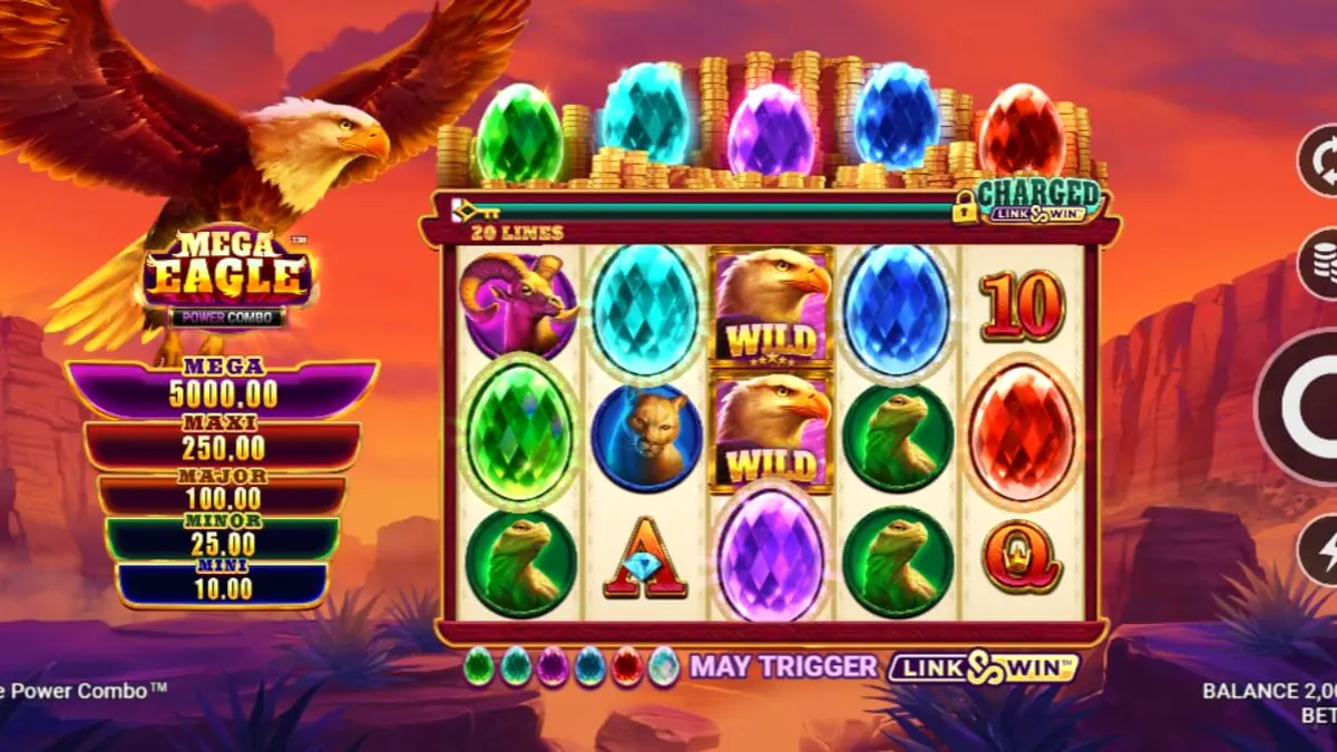 Pemandangan pegunungan dan elang megah di slot Mega Eagle Power Combo